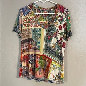 Multicolor Patchwork V-Neck Women's Top Johny was